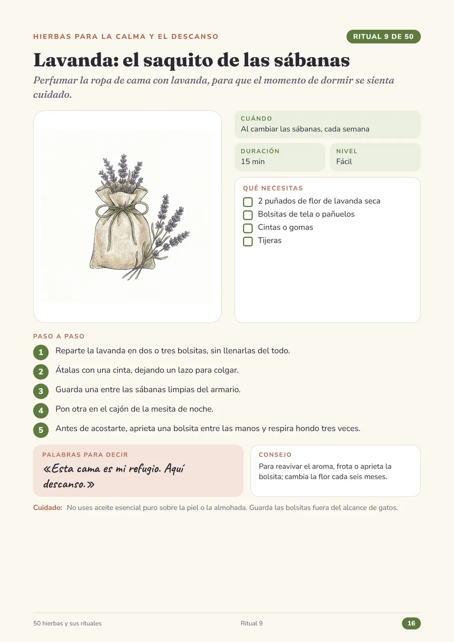 Página del ritual 9, Lavanda: el saquito de las sábanas, de El Herbario Sagrado