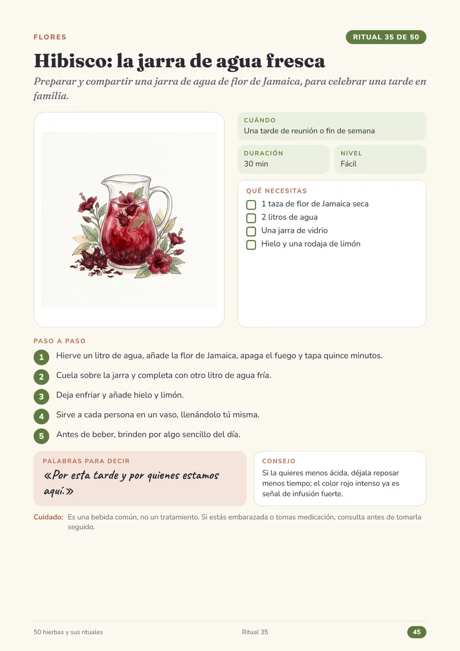 Página del ritual 35, Hibisco: la jarra de agua fresca, de El Herbario Sagrado